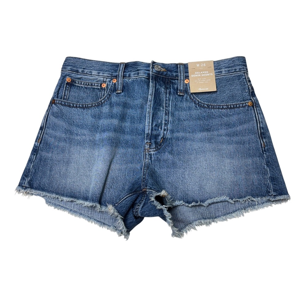 NWT Madewell Relaxed Denim Shorts Blue Mid Rise Raw Hem Womens W26 L3 MC643